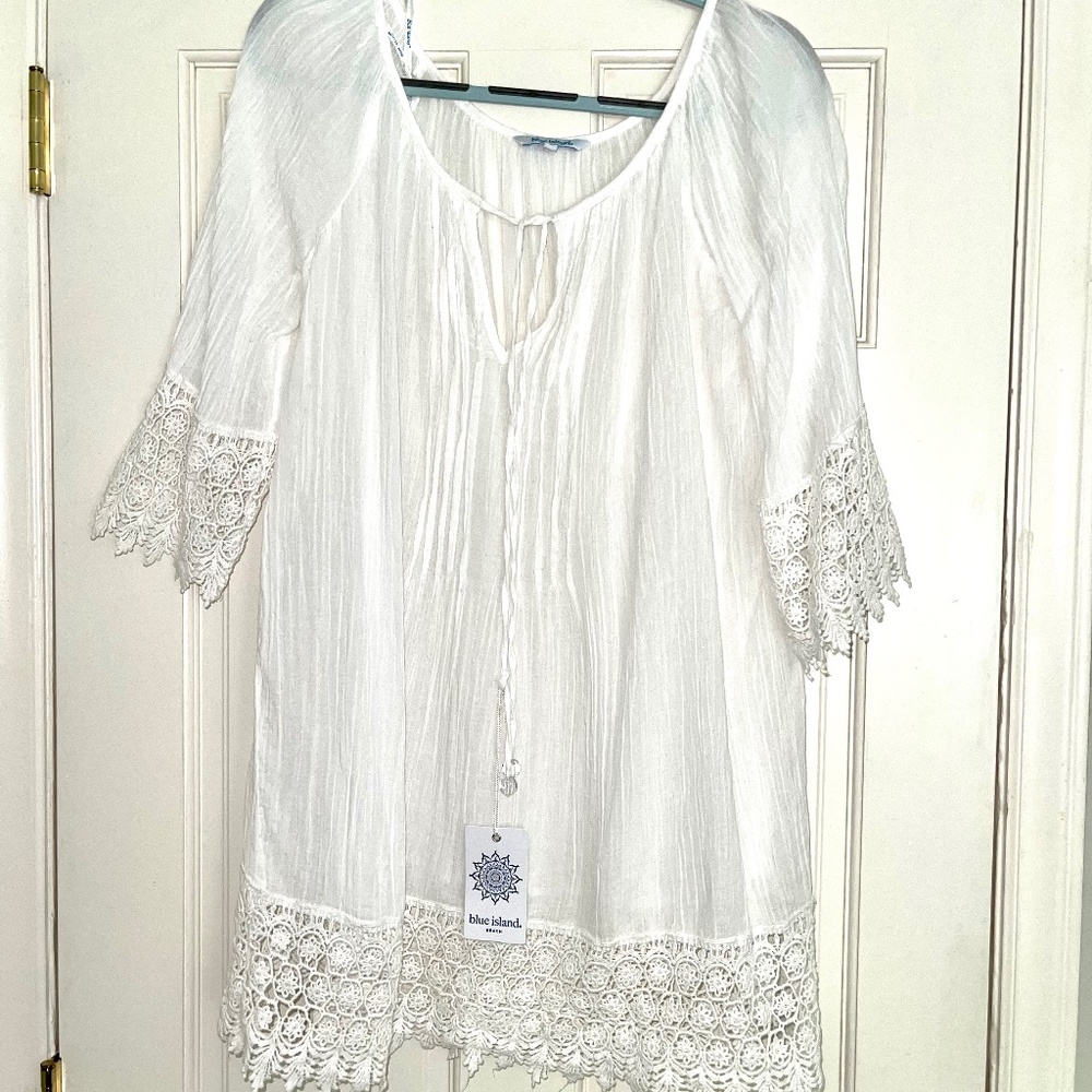 Blue Island white swim coverup cotton with lace trim women's size L NWT